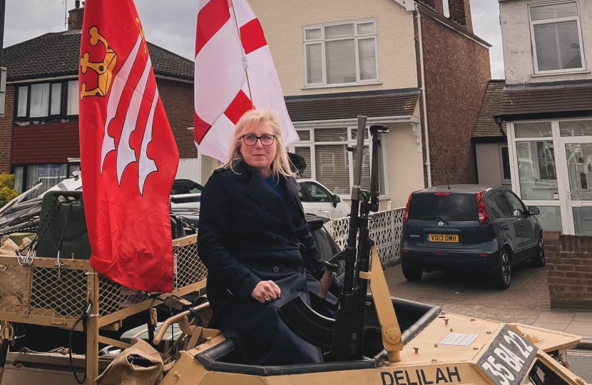 Susan Hall in a Scout vehicle