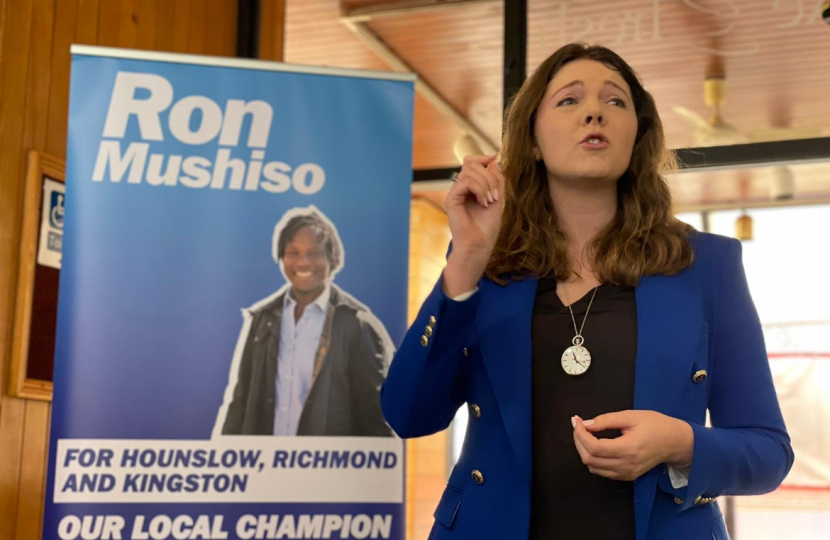 Laura Blumenthal speaking at Ron Mushiso's campaign launch