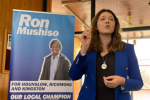 Laura Blumenthal speaking at Ron Mushiso's campaign launch