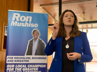 Laura Blumenthal speaking at Ron Mushiso's campaign launch